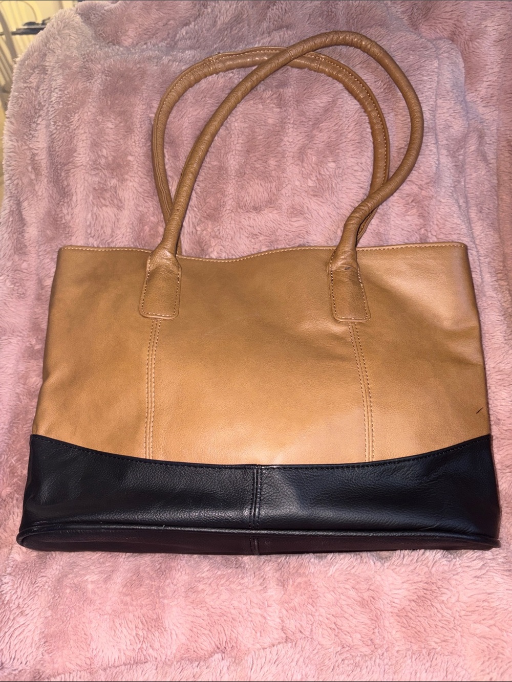 Two-Tone Tan and Black Shoulder Tote